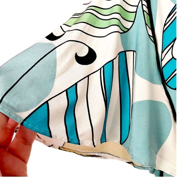 BCBGMAXAZRIA Abstract Art Deco Butterfly Blouse Striped Belted Peplum Top Sz M - Picture 11 of 15